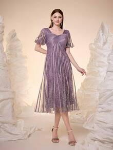 Mgiacy,New Arrival,Square Collar, Short Lantern Sleeves, Printed Mesh, Drawstring, Large Hem, High-End Evening Dress,Party Dress,Wedding Guest Dress, Evening Dress - Dusty Pink - View 5