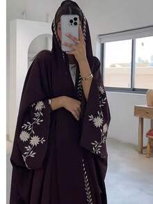 1 Set New Delicate Embroidered Muslim Abaya, Fashionable, Comfortable And Versatile For Any Occasion (Cardigan + Long Scarf) - 彩色 - 查看 7