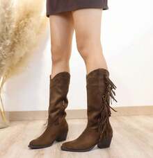 Tall Cowboy Boots With Fringes, Ideal For Festivals, Concerts, Casual Outings, And Themed Events. - 駝色 - 查看 2