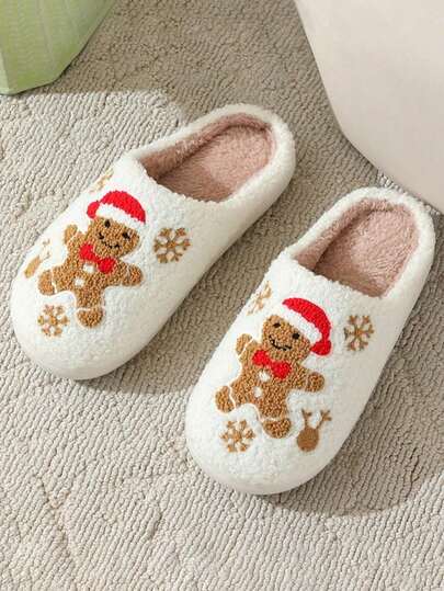 أحذية منزلية مبطنة بقماش ناعم مطرز بتصميم كرتوني لطيف للنساء، مانعة للانزلاق للاستخدام الداخلي في فصل الشتاء والأعياد