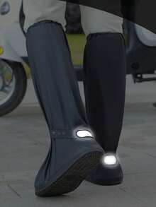 [拉链处防水层带夜间反光条]高帮摩托车鞋套 - 防水 PVC 雨靴，防滑鞋底，可在潮湿条件下安全骑行，摩托车装备高帮靴