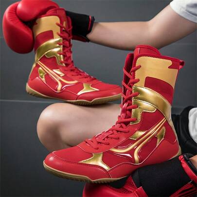 Men's Professional Wrestling Shoes, High-Top Competition Training Shoes, Wrestling Shoes & Fitness Boots, Colorful Patchwork Sports Shoes, Synthetic Leather & Mesh Material, Indoor Fitness Non-Slip Boxing Training Shoes, Suitable For All Seasons, Size: 39-48