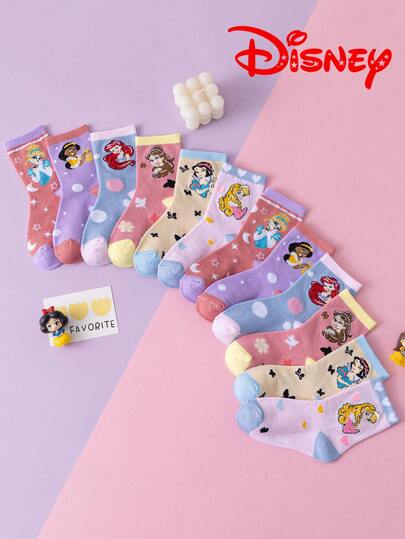 Disney 10/5 Pairs Princess Series Socks, Cute Princess Elsa, Mermaid Princess Mid-Calf Socks For Girls, Cartoon Breathable Winter Socks For Boys And Toddlers