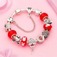 Disney 1pc Red Faceted Crystal Mickey Mouse Charm Bracelet, Classic Cartoon Animal Bracelet With Heart, Mickey, Minnie, Castle Beaded Jewelry Gift - Red - View 3