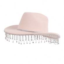 Women Men Wide Brim Cowgirl Hat Rhinestone Tassel Decor Wool Hat Felt Jazz Cap For Party