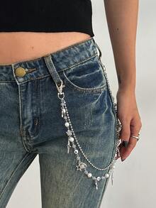 1pc Y2K Fashion Beaded Butterfly & Star Pendant Chain Belt, Simple & Elegant Acrylic Pearl Curved Needle Chain Street Style Accessory - Multicolor - View 7