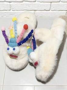 Candy Color Fluffy Pom-Pom Thick Sole Women's Slippers, Warm Plush Lining Indoor/Outdoor Wear, Soft Non-Slip Sole, Multiple Colors Available - White - View 5