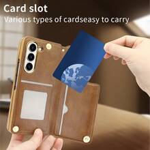 VIETAO Funda de teléfono con soporte, correa para la mano y ranura para tarjetas, chapada en oro, de piel sintética, compatible con Samsung Galaxy Z Fold 7 6 5 4 3 Fold6 - Marrón - Ver 5