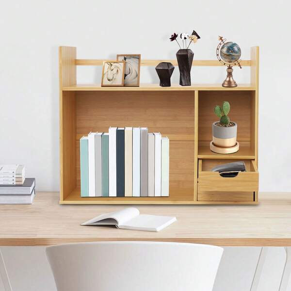 CNCEST 2 Tiers Desktop Bookshelf, Desk Storage Rack, Bamboo Desk Organizer With Drawers And Shelves, Office Supplies Desk Organizer For Living Room, Bedroom, Office, 58*46cm/22.83*18.11in