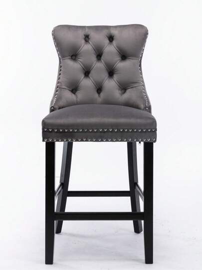 Contemporary Fluwelen Upholstered Bar Stool Buttoned Lattice Wooden Legs Chrome Nailhead Chair, Stools, DE2002BL view 5