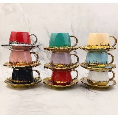 1 set vattenkopp och fat i keramik, handmålade i olika färger inklusive guld och silver, hälsosamt för dricksvatten och kaffe, set med koppar och fat i keramik, kaffekopp i heminredning, vattenkopp i keramik för fest, kreativt set med koppar och fat i keramik för par