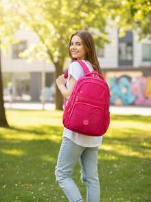 Large School Backpack For Notebook Pink Resistant Multiple Pockets Work Nylon Reinforced School College - Negro - Ver 7