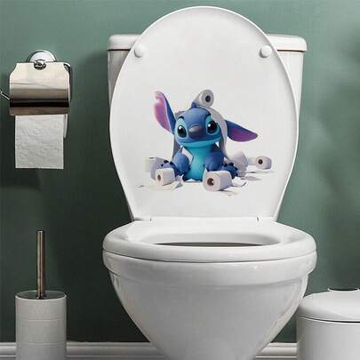 1 pièce Autocollant de toilette Stitch - Convient pour la décoration du réfrigérateur, de l'armoire, du couvercle de la baignoire, de la fenêtre, etc. - Design de dessin animé mignon, facile à coller sur le plastique, décoration murale de salle de bain amusante