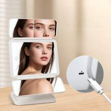三折LED化妆镜，旋转式化妆镜，带3倍/2倍/1倍放大倍率的照明化妆镜，便携式高清化妆镜，亮度可调触摸屏，配备支架和3种照明模式，可折叠三折设计