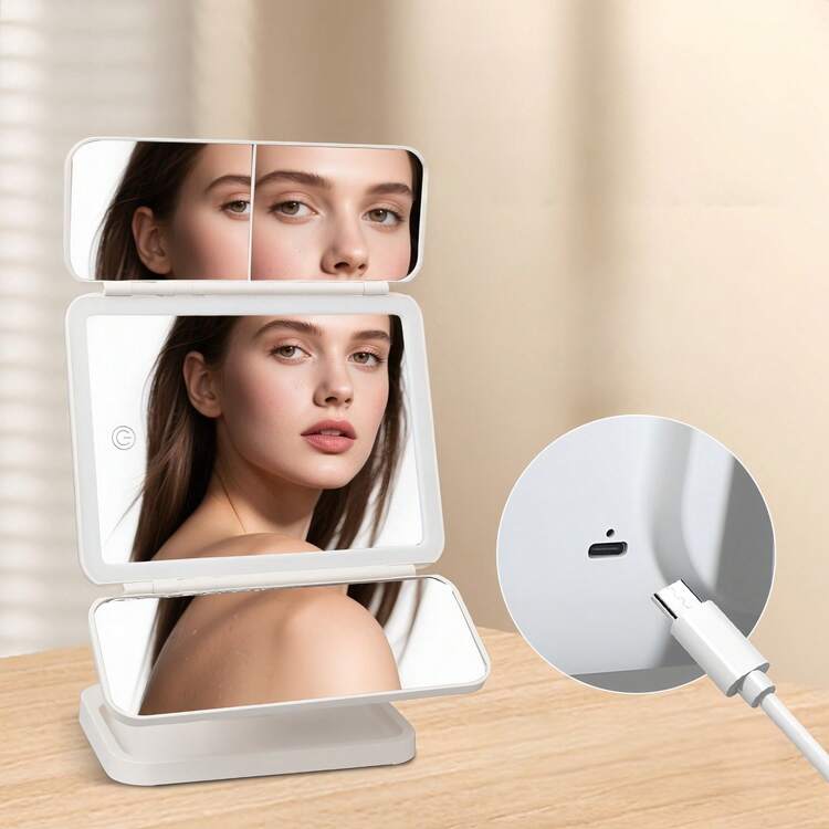 3-Fold LED Makeup Mirror, Rotating Tabletop Mirror With 3X/2X/1X Magnification, Portable High-Definition Vanity Mirror With Rechargeable Touch Screen Brightness Adjustment, Stand And 3 Lighting Modes, Foldable Design For Home And Travel Use, Ideal For Beauty Products, Valentine's Day And Holiday Gifts - Multicolor - View 7