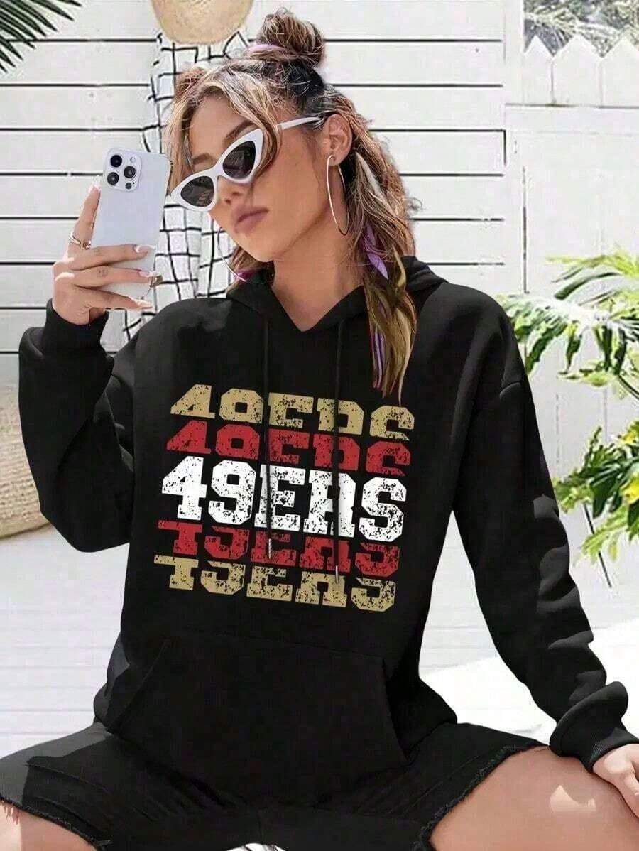 49ers San Francisco Big Size Women Hoodie Hoodies 49ers Football Gift For Women-Unisex Vintage Cotton Tee Black White - Loose Fit For American Music Festival Camping & Shows Black Unisex Hoodie Vintage Casual Outfit Vintage Style Unisex Black Hoodie Everyday-White And Navy Off-The-Shoulder Cropped Top - 黑色 - 查看 1