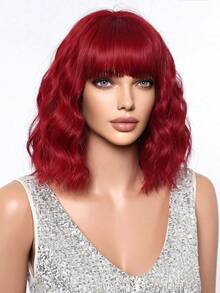 Topshe 14 Inch Red Medium-Long Wavy Curly Wig, Elegant Women's Halloween Accessory, Halloween Decoration, Heat-Resistant Synthetic Wig, Suitable For Daily Cosplay, Holiday Celebration Wear, Halloween Cosplay Gift, Gift For Friends - Red - View 5