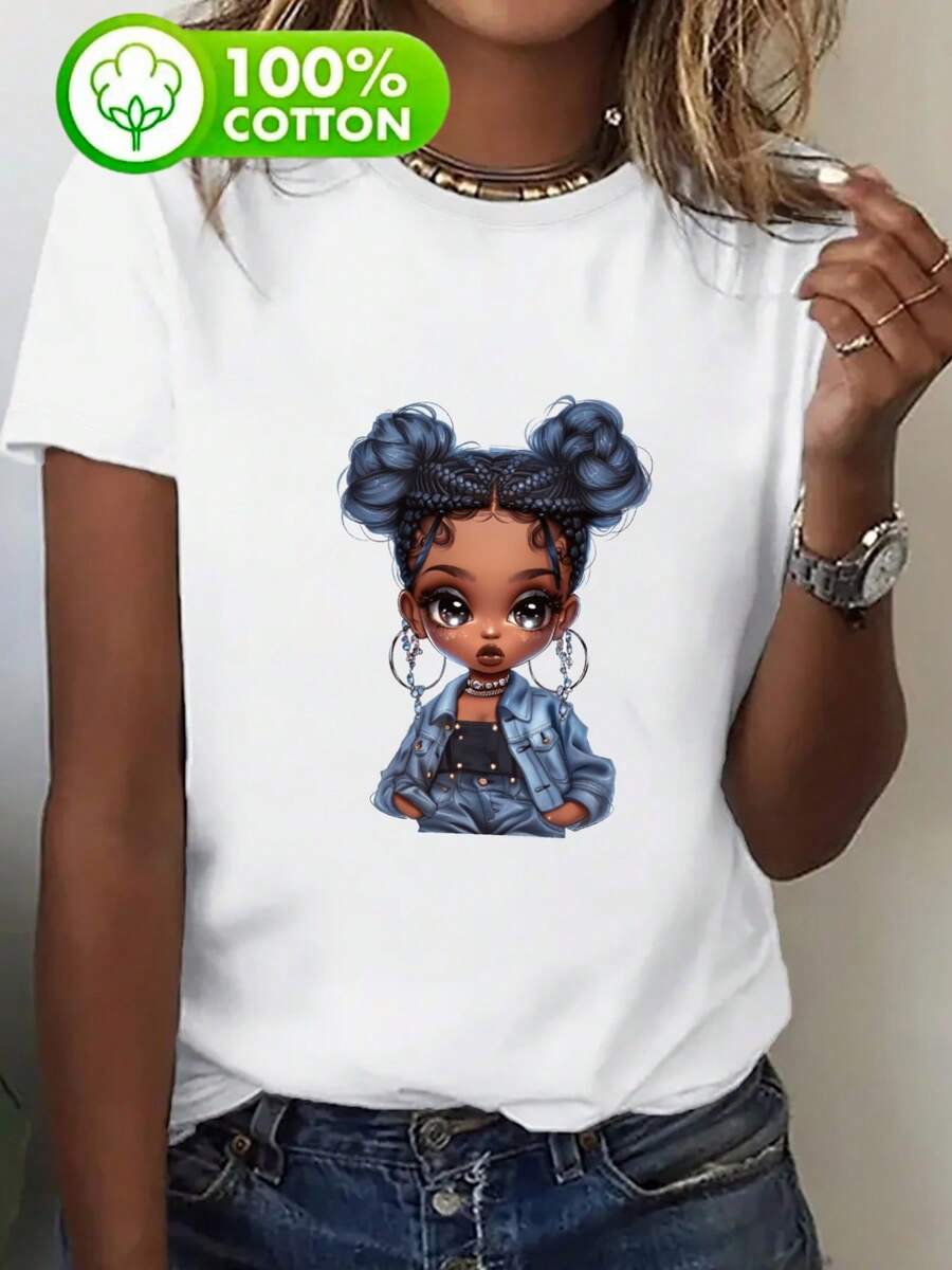 Camiseta Casual Gráfica para Mujer - Ajuste Holgado con Manga Corta y Diseño de Retrato Elegante, Perfecta para Salidas de Primavera/Verano - blanco - Ver 1