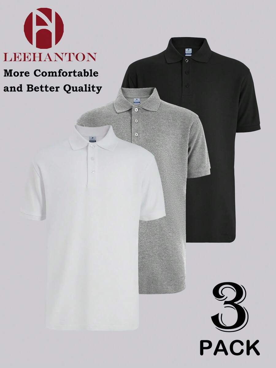 3-Piece Set, New Men's Cotton POLO Shirt, Men's Short-Sleeved Top, Solid Color POLO Formal Wear, High Quality, Skin-Friendly And Comfortable - Đen + xám nhạt + trắng - Xem 1