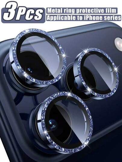 3片装相机镜头保护膜，兼容 17 Pro Max/17 Pro/17 Air/17/16 Pro Max/16 Plus/16E/15 Pro Max/14/13/12/11，9H钢化玻璃相机盖屏幕保护膜，带金属环装饰（深蓝色）