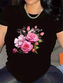 Camiseta Negra Suave de Manga Corta - Elegante Cuello Redondo con Delicado Estampado Floral, Hecha de Tela Duradera y Cómoda, Adecuada para Uso Casual, Cenas y Hogar - Lavable a Máquina - Blusa Versátil - Blanco - Ver 1
