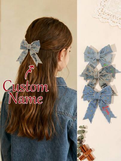 1pc Custom Name Y2k Hair Bow For Girls Stars Printed Personalized Bow Alligator Clip Elegant Blue Gradient Custom Text Hair Clip Cute Sweet Customized Hairpins Fashion Sparkly Barrettes Kids Hair Accessory