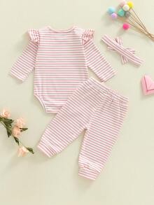 Conjunto de 3 piezas para bebé niña, otoño, mono de manga larga con estampado del alfabeto + pantalón de punto a rayas + diadema ajustable con lazo, mezcla de algodón suave, talla 1-18 meses, perfecto para uso diario y fotos familiares. - Rosa - Ver 7
