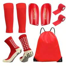 5-Piece Soccer Sports Gear Set With Silicone Grip Football Socks, Shin Guards, Protective Gear, Drawstring Backpack And Sports Tapes - Polyester And Elastane Knitted Tube Socks Solid Color Hand And Machine Washable