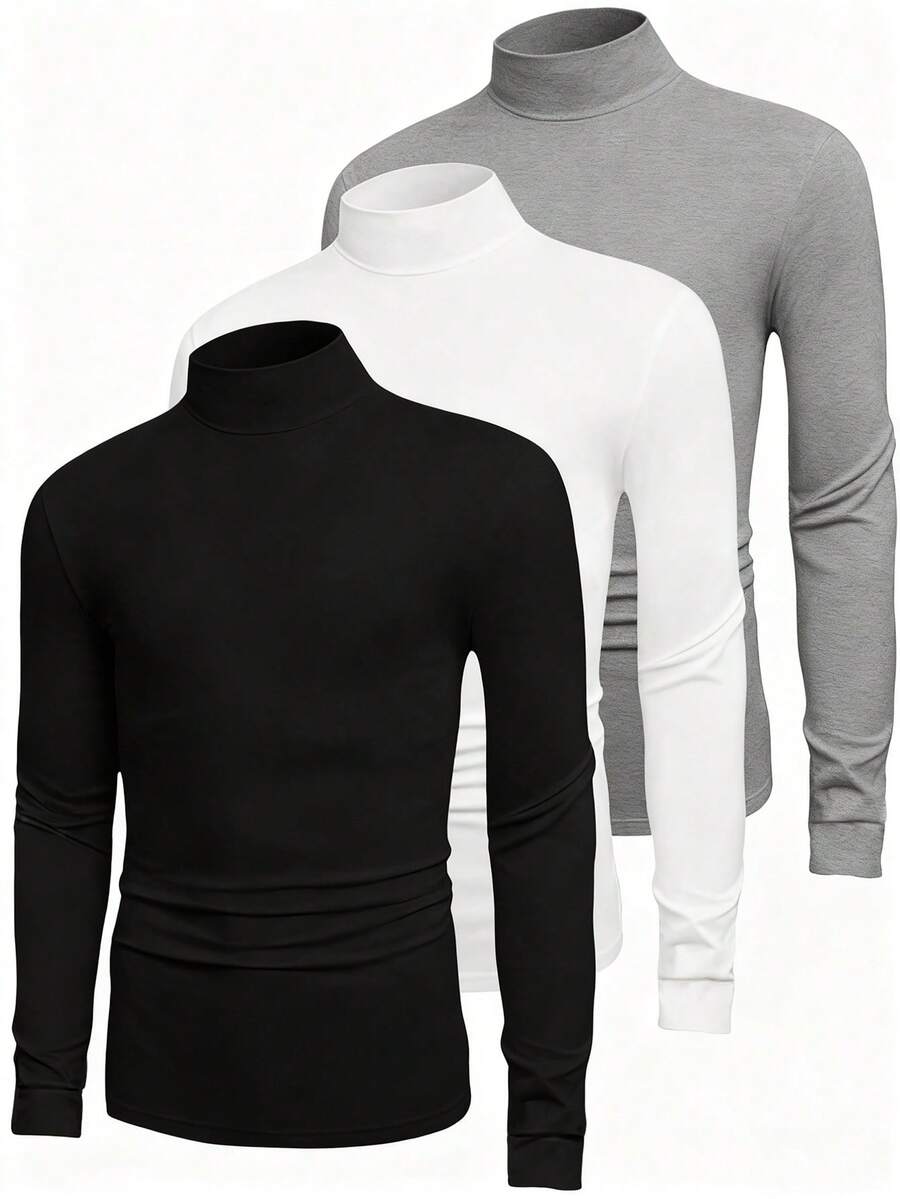 3pcs Men's Solid Color Casual Turtleneck Long Sleeve T-Shirt - Multicolor - View 1