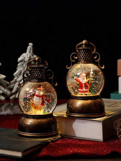 1 件圣诞雪球灯笼，LED 灯，圣诞老人和雪人图案，复古风格。非常适合桌面、壁炉架、圣诞树和节日装饰。