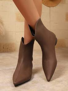 1 paire de bottes mi-mollet zippées sur le côté, de couleur unie, pour le travail et les déplacements. Bottes cheville, style bureau, pour l'automne/hiver, style américain. Bottes Chelsea à talon bas et bout pointu pour femmes - Tabac - Voir 2