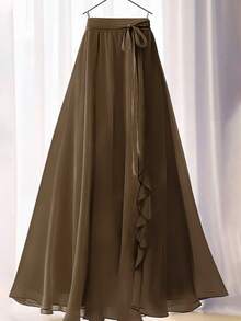 女式纯色优雅花卉蕾丝/荷叶边腰带垂坠长款 A 字裙 - 棕色 - 查看 4