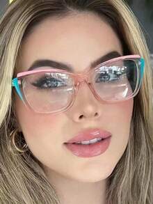 1 pieza Gafas ópticas de ojo de gato para mujer, nuevos marcos de estilo streetwear Y2K para Halloween - Polvo transparente en el lado rosa de la orquídea. - Ver 6