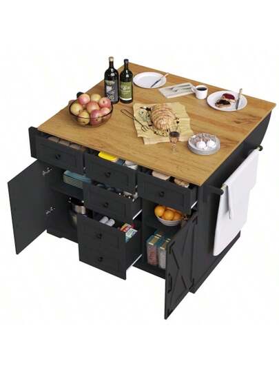 High Quality Kitchen Isl Multifunctional Serving Cart Wood Grain Large Storage Space, Mobile Buffet Cabinet, Dining Room, Living Kitchen, Zwart view 8