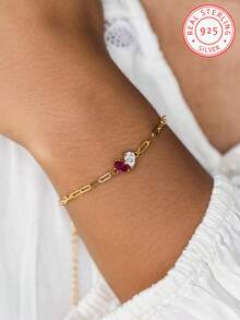 A 925 Sterling Silver Birthstone Bracelet, Featuring Customisable Birthstone Jewellery With A Paperclip Chain, Perfect For Birthdays, Anniversaries And Festive Celebrations-An Ideal Gift For Mother's Day. A Double-Gemstone Heart-Shaped Birthstone Ring. A Simple Yet Personalised Gift, Ideal For Cherished Friends, Confidants And Mothers. - Multicolor - View 3