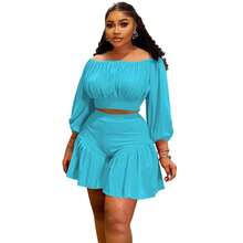 Plus Size Women's Ruffled One-Shoulder Puff Sleeve Top & Shorts 2-Piece Set - Sweetheart Neckline Waist-Defining Casual Outfit Date, Vacation & Party,Plus Size Fall Clothes Women,Plus Size Women Clothes,Seven Colors Are Available Selection.Please Check Size Chart Before Purchasing. - 藍色 - 查看 6
