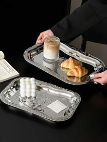 1 件复古不锈钢托盘，高品质法式浮雕蛋糕盘，家用桌面储物盘 - 銀色 - 查看 11