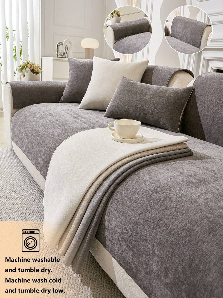 1件雪尼尔沙发套，简约奢华，亲肤宠物友好型靠垫，适用于1-4人沙发，客厅、书房、卧室、办公室家具装饰及保护