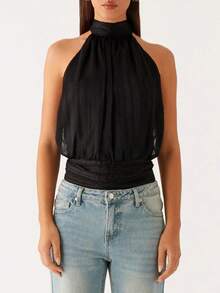 Women's Halter Pleated Chiffon Tank Top Sleeveless Neckline Tie-Up Open Back Tie Casual Blouses 2025 Summer Tops - 黑色 - 查看 3