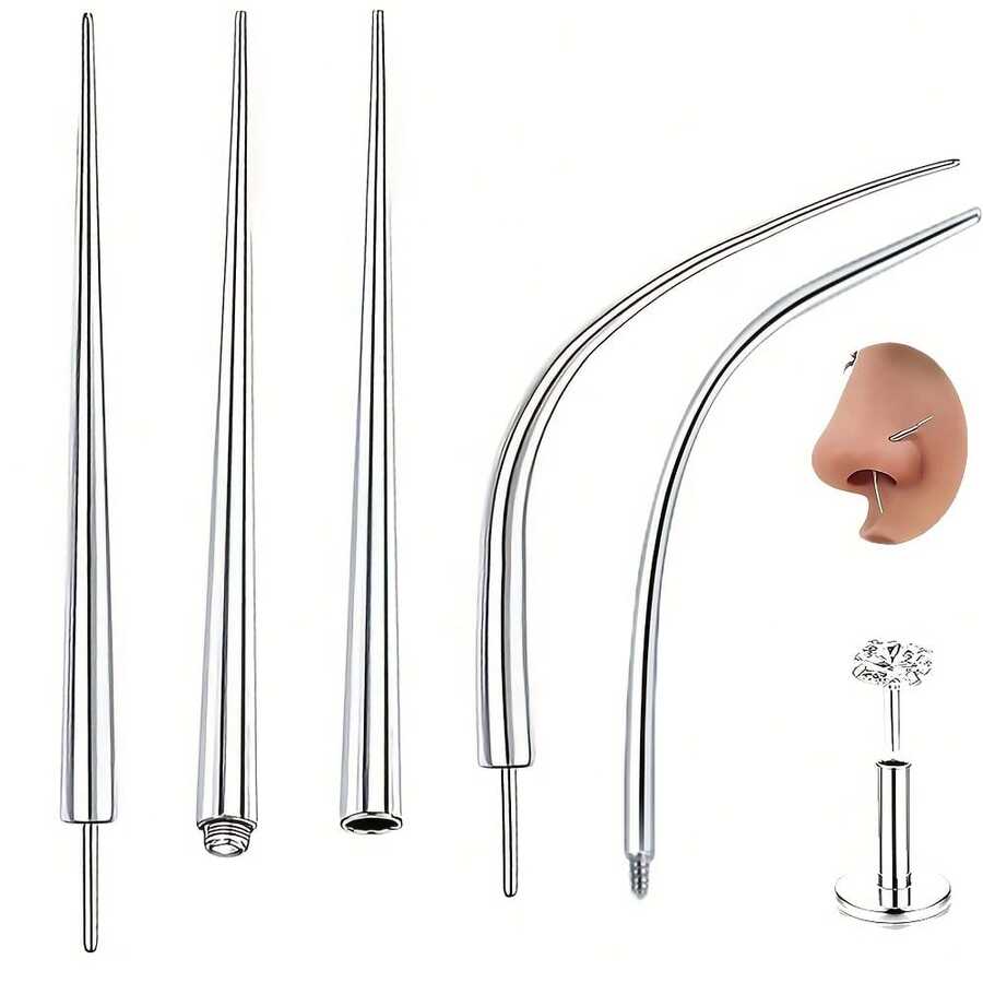 5 piezas de acero quirúrgico 316L, con rosca externa, rosca interna, varilla recta, varilla curva, herramientas de perforación con Body cónico, 18G, 16G, 14G, 0.9mm, 1.2mm, adecuado para anillos de ombligo, aretes, anillos de nariz y diversos accesorios de perforación - Plateado - Ver 1