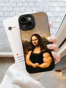Uroczy, czarny, miękki futerał na telefon z motywem mięśni ramion Mony Lisy, kreatywny, zabawny styl, wstrząsoodporna osłona ochronna, odpowiedni dla młodych miłośników sztuki i personalizacji. Modny, matowy, matowy, odporny na upadki, miękki futerał z TPU, z pełną ochroną krawędzi aparatu, kompatybilny z 'em i Galaxy.