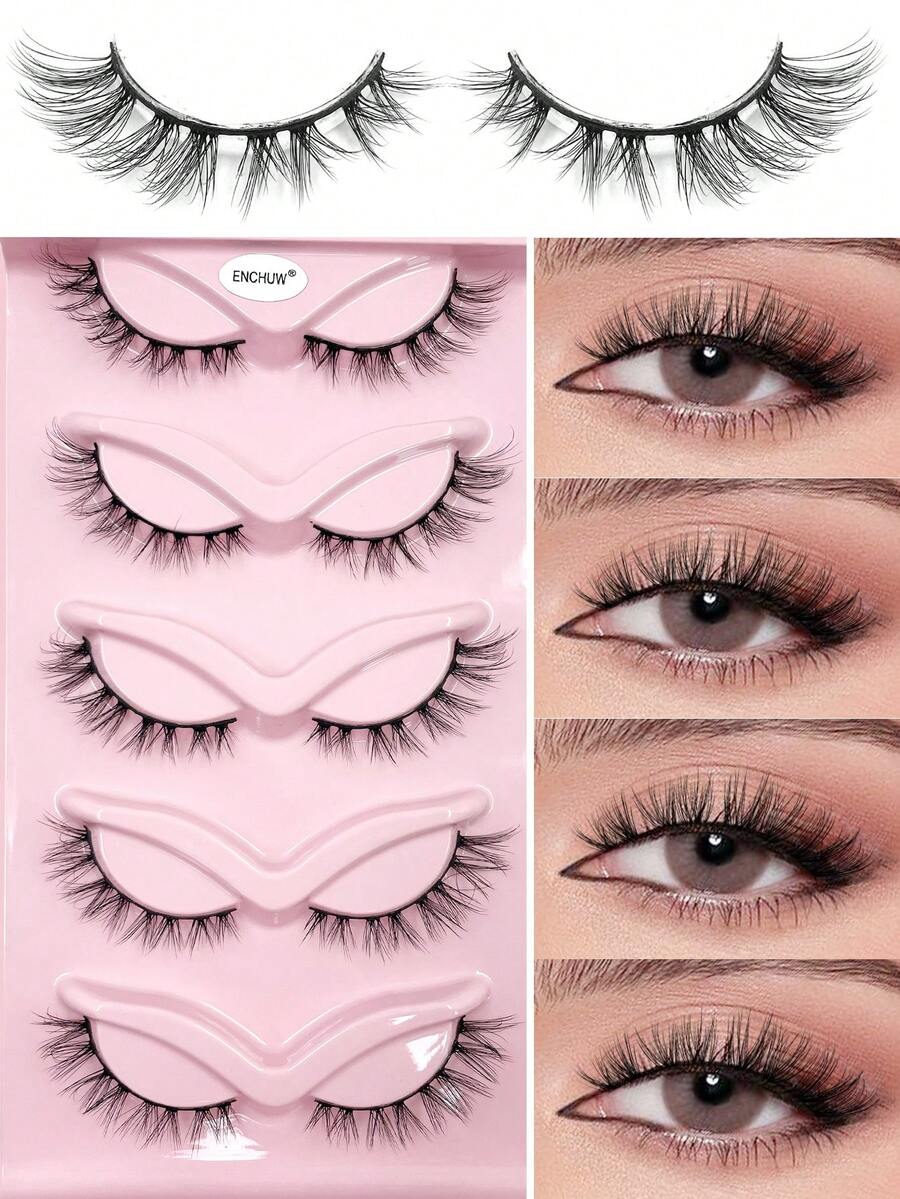 ENCHUW 5 Pairs False Eyelashes Natural Look Cat Eye Lashes Wispy Fake Eyelashes 3D Strip Lashes Thick Eye Lashes Fluffy Eye Lashes Multipack - Black - View 1