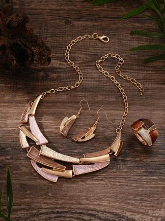 1 件项链 1 对耳环 1 枚戒指复古时尚棕色锌合金首饰套装优雅复古手工珐琅几何链条首饰套装适合女士、秋冬首饰、圣诞礼物、感恩节礼物，适合送给妈妈、家人和朋友