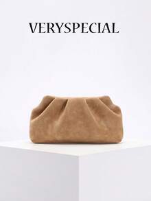 高品质复古风格棕色麂皮手拿包，玛琳风格女士麂皮手拿包，欧美时尚褶皱简约女士手拿包，配链条肩带 - 棕色 - 查看 15