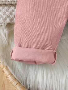 女婴灯芯绒熊图案背带裤，带口袋，休闲舒适工装裤 - 藕粉色 - 查看 4