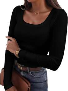 VERACT Scoop Neck Long Sleeve Shirts For Women Fall And Winter Outfits Knit Tops Slim Fit Basic Tee - màu đen - Xem 1