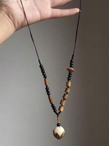 1 pieza Collar de cuentas de madera y jade blanco de estilo zen chino, cadena de suéter larga de inspiración vintage, adecuado para ocasiones formales, regalo ideal para amigos y familiares