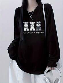 女士宽松字母和狗狗印花长袖T恤，适合春秋季休闲穿着，黑色 - 黑色 - 查看 1