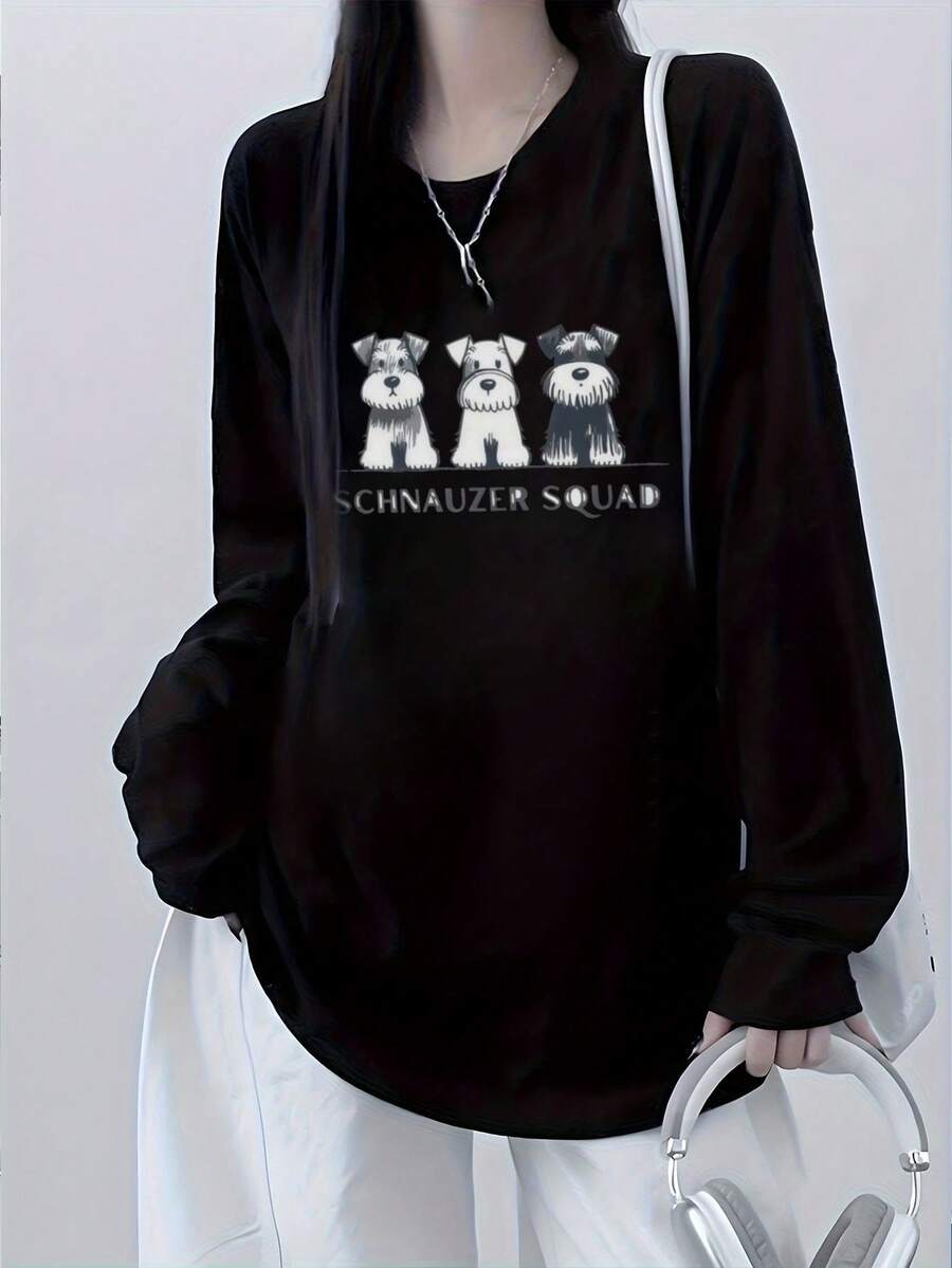 女士宽松字母和狗狗印花长袖T恤，适合春秋季休闲穿着，黑色 - 黑色 - 查看 1