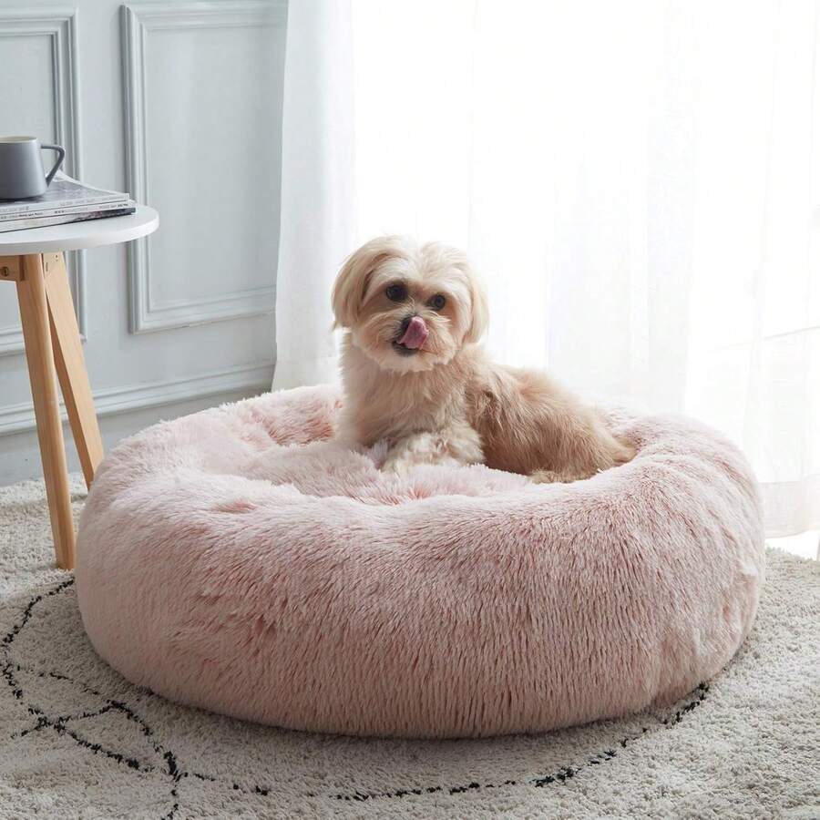 Calming Soft Round Dog & Cat Bed, Anti-Anxiety Donut Cuddler Warming Cozy Fluffy Faux Fur Plush Cushion Bed For Small Medium Pets (20"/24"/27"/30"), Light Grey - 粉色 - 查看 1